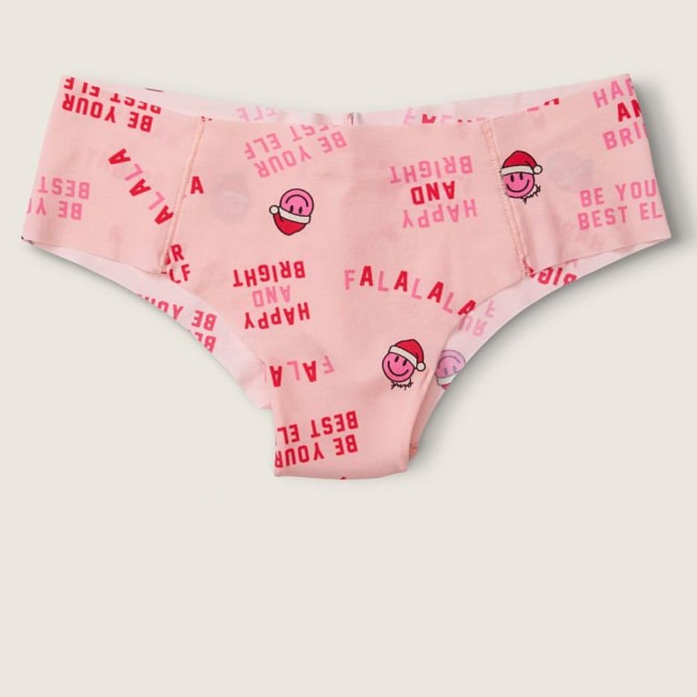🤶 🎅VS PINK No-Show Cheekster Pink with Smiley Face Santas Happy Bright X-Mas
